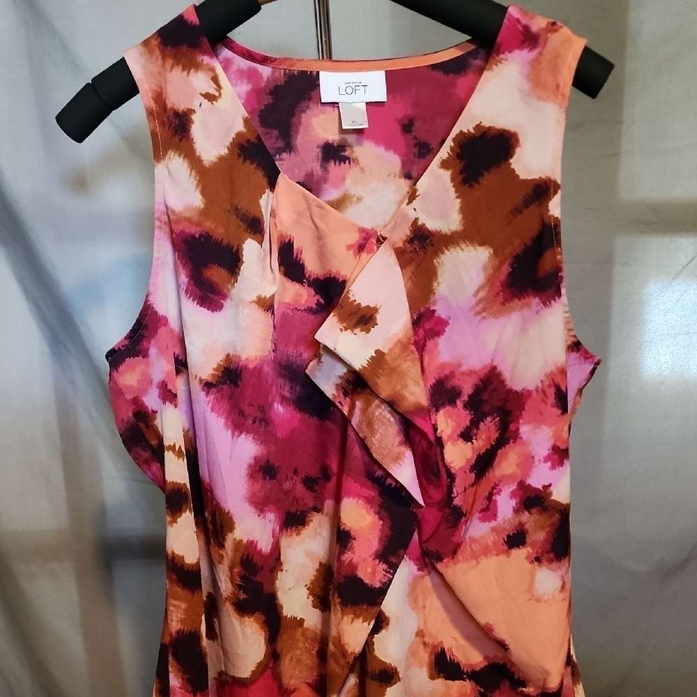 LOFT Pink and Red Asymmetrical Ruffled Sleeveless Blouse